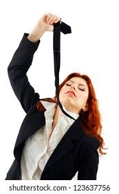 Depressed Businesswoman Strangle Suicide Self Tie Stock Photo 123637756
