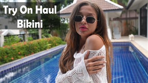 try on haul bikini beautiful model shows off her new swimsuit collection by the pool youtube