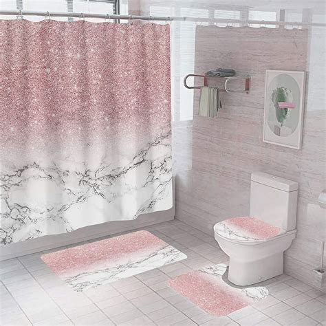 Flash Pink Marble Shower Curtain Sets With Non Slip Rug Etsy