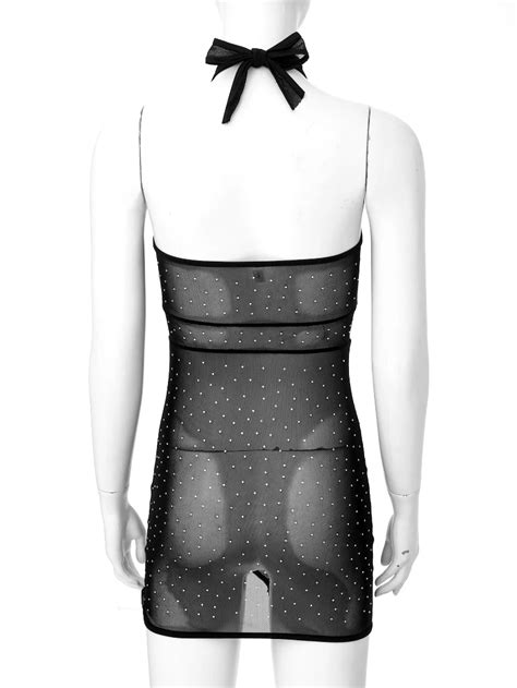 Womens Sparkling Rhinestone Sheer Mesh Halter Backless Mini Dress For Nightclub Buy Sexy