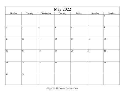 Blank Editable May Calendar 2022 Landscape