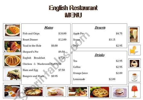English Restaurant Menu ESL Worksheet By Luxxy