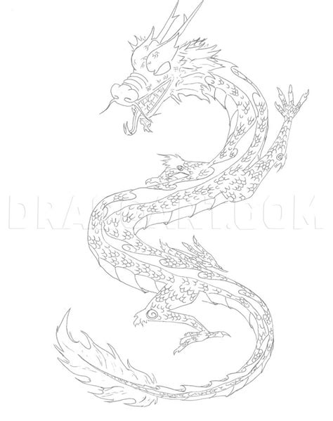 A Drawing Of A Dragon In Black And White