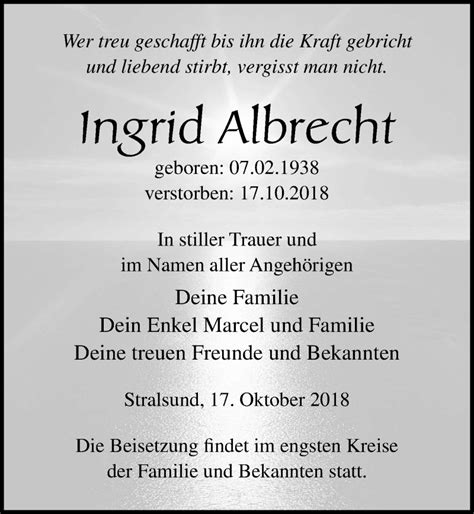 Traueranzeigen Von Ingrid Albrecht Trauer Anzeigende