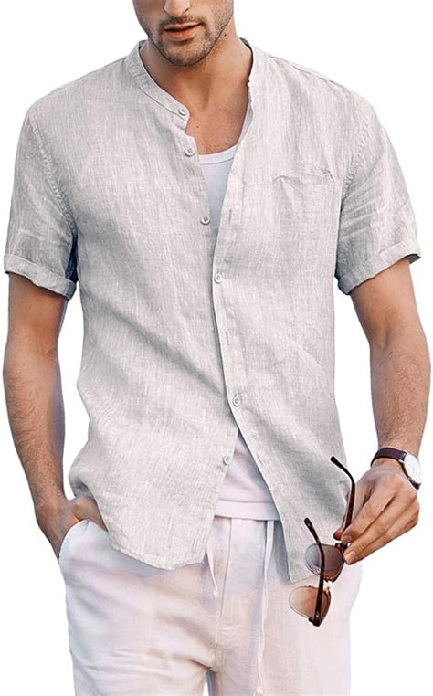 taoliyuan mens linen banded collar shirts short sleeve button down casual summer beach loose fit