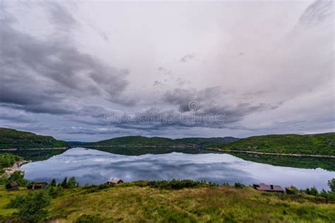 Norway Landscape With Lake And Reflection Cloudy Blue Sky Stock Image