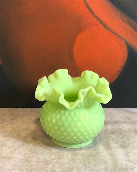 Fenton Green Milk Glass Vase With Ruffled Rim And Hobnail Etsy