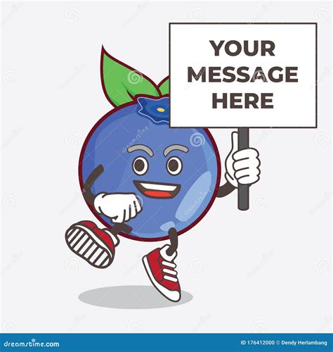Blueberry Fruit Cartoon Mascot Character With Board Sign Message Stock