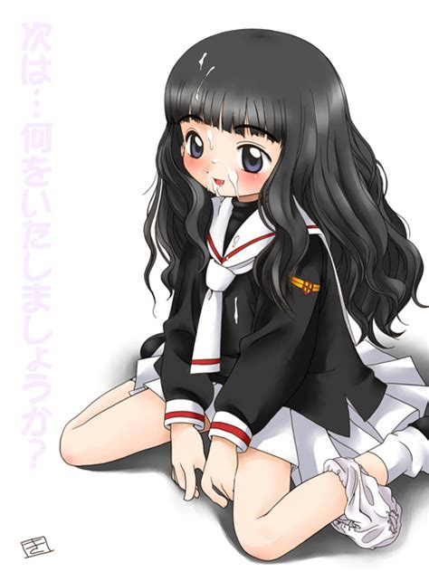 1girl 90s Bangs Black Hair Blunt Bangs Blush Card Captor Sakura Cum Cum On Clothes Cum On Hair