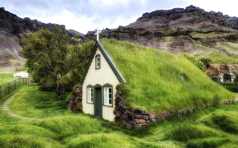 Iceland Church Beautiful Landscape 4k Ultra Hd Wallpaper Green Roof