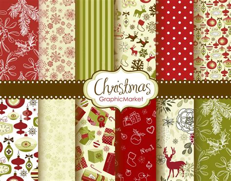 12 Christmas Digital Scrapbook Paper Pack For Invites Card By