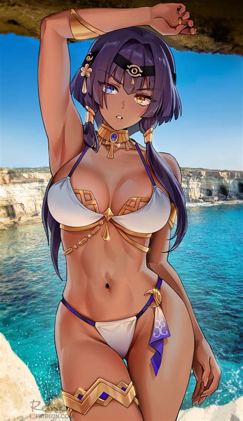 dark skin big boobs cleavage purple hair foxyreine anime anime girls heterochromia
