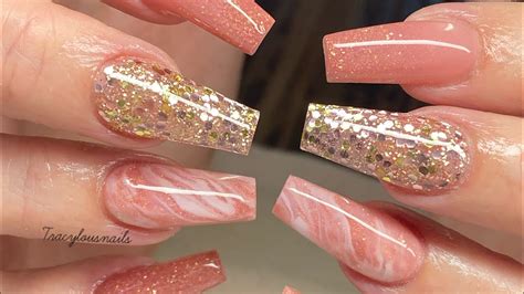 Rose Gold Nails With Marble And Glitter 💕 Youtube