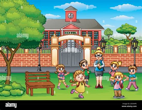 Vector Illustration Of Happy School Children With Teacher In Outside