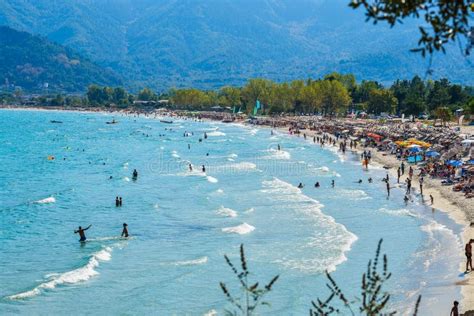 Thassos Greece September 05 2016 Tourists On The Golden Beach In