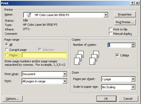 The Print Dialog Box In Microsoft Word 2003 The Highlighted Value