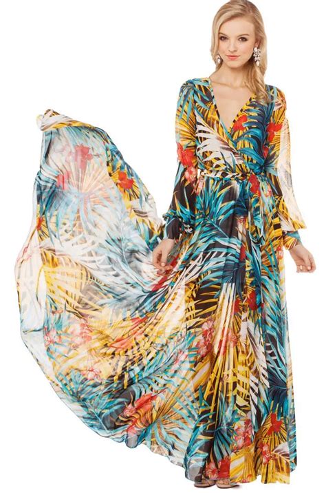 Buy Floral Maxi Chiffon Dress Women Long Sleeve V Neck