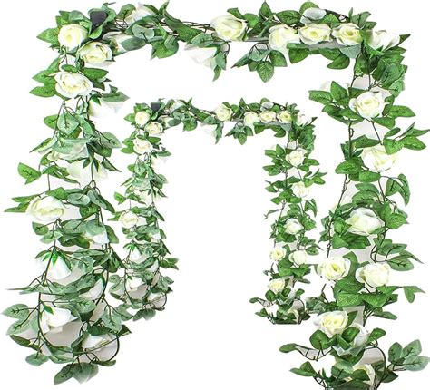 2 Pack Of Artificial Rose Vine Flowers With Green Leaves