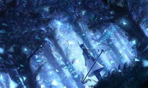 Download 2000x1200 Anime Girl Magical Staff Blue Forest