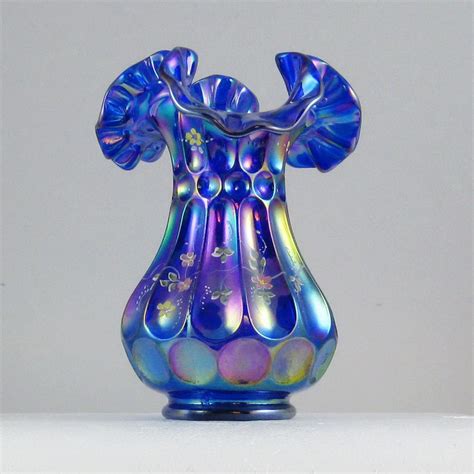 Fenton Cobalt Blue Enamel Decorated Thumbprint And Ovals Carnival Glass Vase Carnival Glass