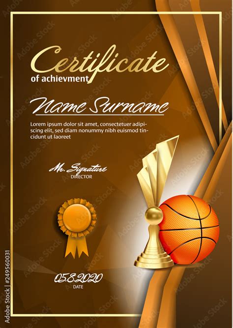Basketball Certificate Diploma With Golden Cup Vector Sport Award