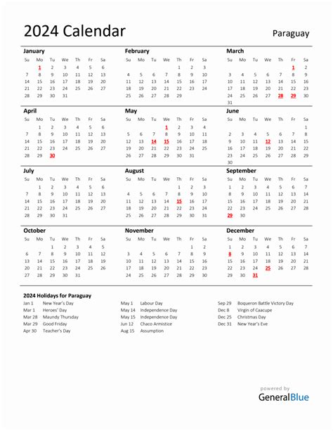 Standard Holiday Calendar For 2024 With Paraguay Holidays