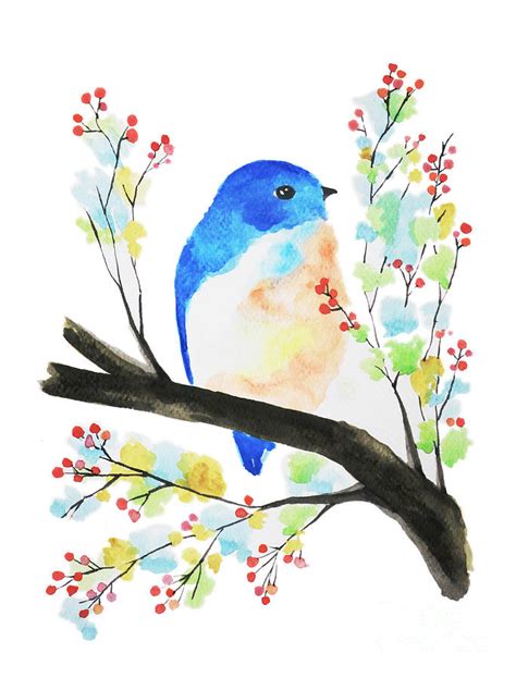 Watercolor Blue Bird On Branch Painting By Rasirote Buakeeree Fine