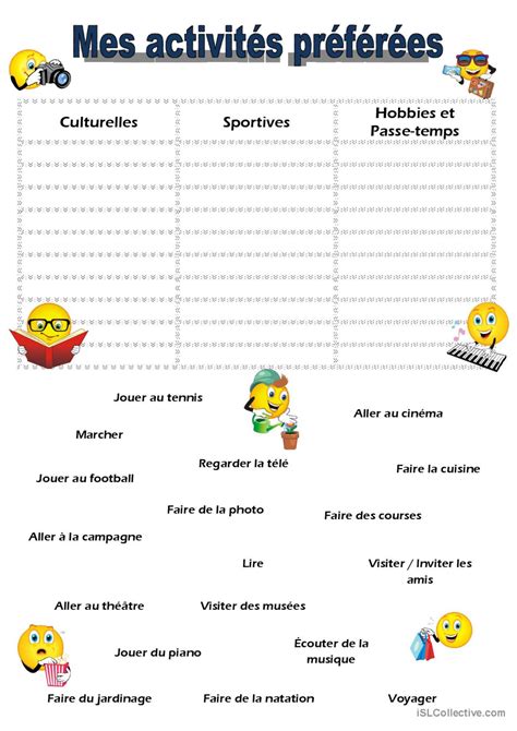 Mes activités préférées Français FLE fiches pedagogiques pdf doc