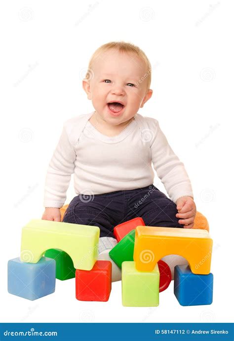 Cheerful Baby Boy Playing With Colorful Blocks Stock Photo Image Of