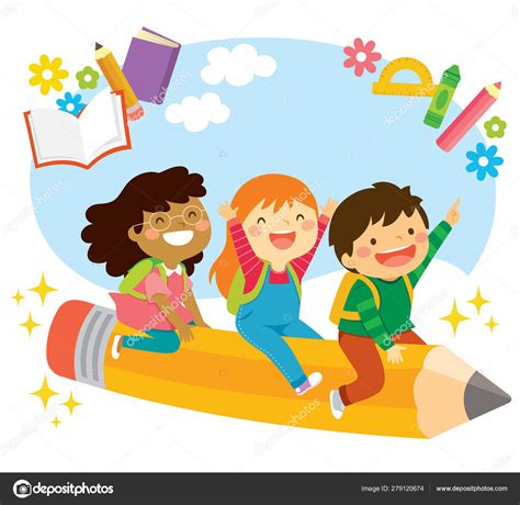 Happy School Kids Riding Flying Pencil Looking Excited Learning Stock