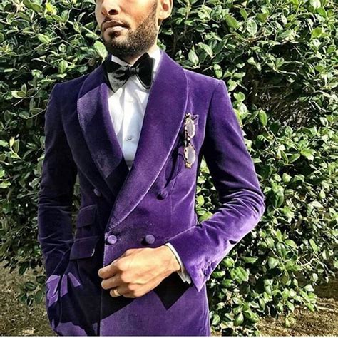 Purple Velvet Men Suit Handsome Shawl Lapel Double Breasted Jacket 2017
