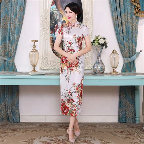 Big Size Xxxl White Chinese Lady Qipao Vantage Print Flower Cheongsam Rayon Long Sheath Dress