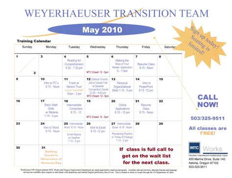 Weyerhaeuser Transition Group Warrenton May 2010 Training Calendar