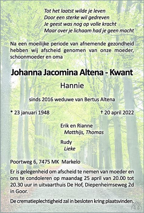 Johanna Jacomina Hannie Altena Kwant Overlijdensbericht En My Xxx Hot Girl