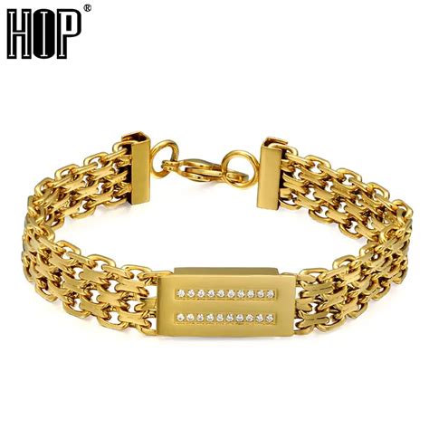 Hip Hop Bling Iced Out Men S Rapper Bracelet 316l Stainless Steel Rhinestone Pave Gold Color