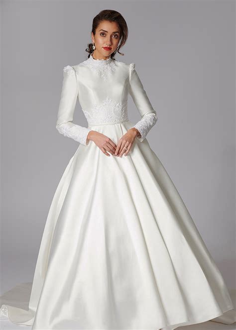 Conservative High Neckline Ballgown Wedding Dress With Long Sleeves