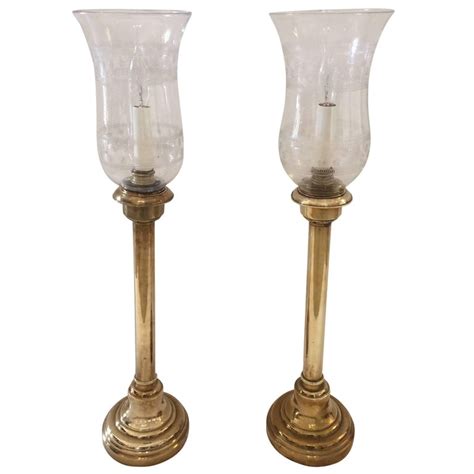 Beautiful Pair Of Brass Candlestick Lamps With Original Antique Glass