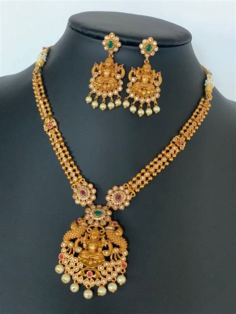 matt gold finished goddess lakshmi necklace set south indian jewelry wedding jewelry temple
