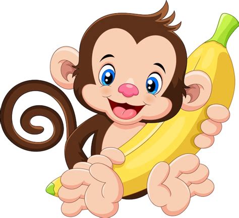 Cartoon Funny Monkey Holding Banana Premium Vector