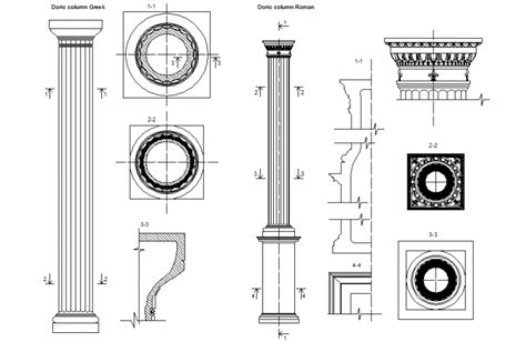 Doric Greek Column And Roman Column Elevation And Section Details Dwg File Cadbull