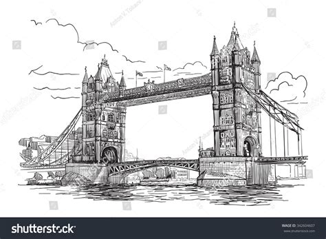 River Thames Panorama With The Tower Bridge Sketch Isolated On White