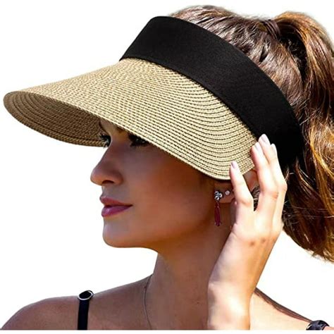 Straw Sun Visor Hats For Women Wide Brim Roll Up Foldable Beach Visors