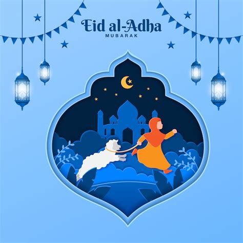 Eid Al Adha Greeting Card Concept Illustration In Paper Cut Style With