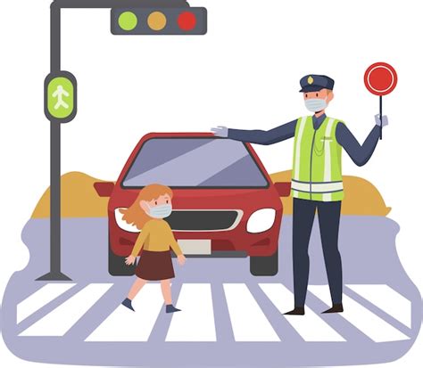 Premium Vector Traffic Police Is Helping A Young Little Girl Crossing