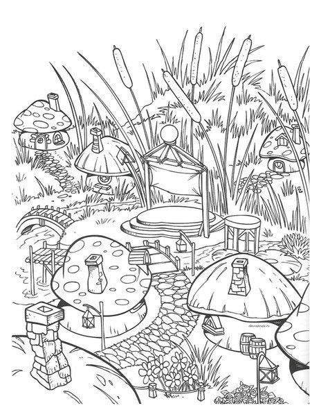 mushroom town colouring | Раскраски, Рисунки в ярких тонах, Цветное