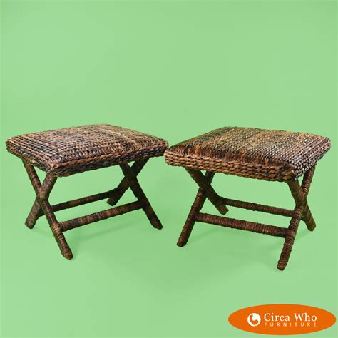Newly upholstered.two pairs available (see photos) Pair of Woven Rattan X Benches | Circa Who