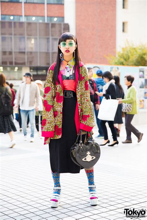 Japanese Fashion Student In Vintage Mixed Prints Street Style W