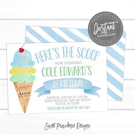 Ice Cream Birthday Party Invitation First Birthday Blue Ice Cream