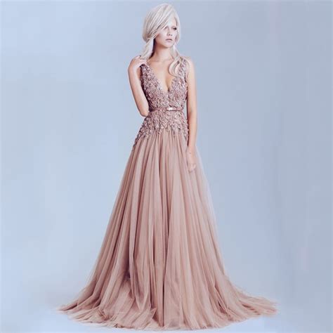 Buy Dusty Pink Vintage Lace Elegant Long Evening Dresses Pearls Backless Prom