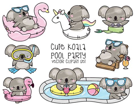 Premium Vector Clipart Kawaii Koala Cute Koala Pool Party Etsy